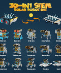 Image shows 30 in 1 Solar Robot Kit for Kids with 243 Pieces showcasing various robot designs including Tank-bot, Quadrup-bot, and more.