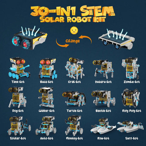 Image shows 30 in 1 Solar Robot Kit for Kids with 243 Pieces showcasing various robot designs including Tank-bot, Quadrup-bot, and more.