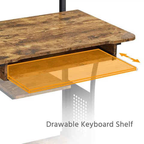 3 Tier Rolling Computer Desk With Keyboard Tray And Printer Shelf For Small Spaces Rustic Brown showing keyboard tray