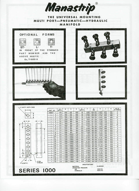 Diagram and images of Six Station Aluminum Manifold with 3/8 NPT Inlets and 1/4 NPT Outlets, clear anodized finish.
