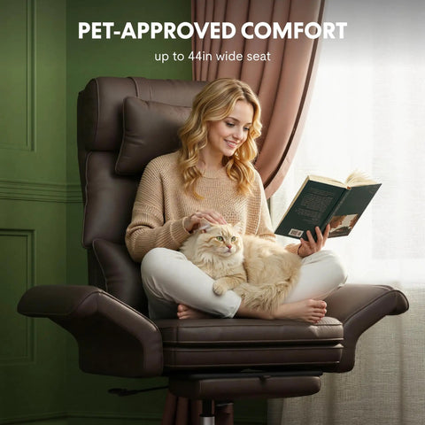 Oversized Chaise Lounge Chair With Wheels And Footrest in brown, woman reading with cat on ultra comfy big seat, pet friendly, scratch resistant