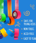 Six colorful rolls of Rainbow Duct Tape Bulk Pack Six 2 Inch By 10 Yard Rolls Heavy Duty Craft Tape with safety icons on blue background.