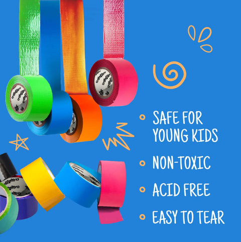Six colorful rolls of Rainbow Duct Tape Bulk Pack Six 2 Inch By 10 Yard Rolls Heavy Duty Craft Tape with safety icons on blue background.
