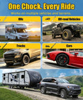 Collage showing various vehicles for Rugged Heavy Duty Hard Plastic Wheel Chocks With Handles 2 Pack Non Slip Tire Chocks