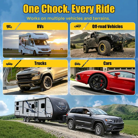 Collage showing various vehicles for Rugged Heavy Duty Hard Plastic Wheel Chocks With Handles 2 Pack Non Slip Tire Chocks