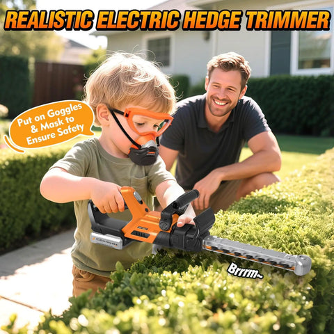 Child using hedge trimmer from 3-In-1 Kids Garden Tools With Lights And Sounds Weed Wacker Toy Leaf Blower Toy And Hedge Trimmer For Realistic Outdoor Pretend Play Must-Have Gift For Boys And Girls Aged 3 Through 8 For Christmas Or Birthday