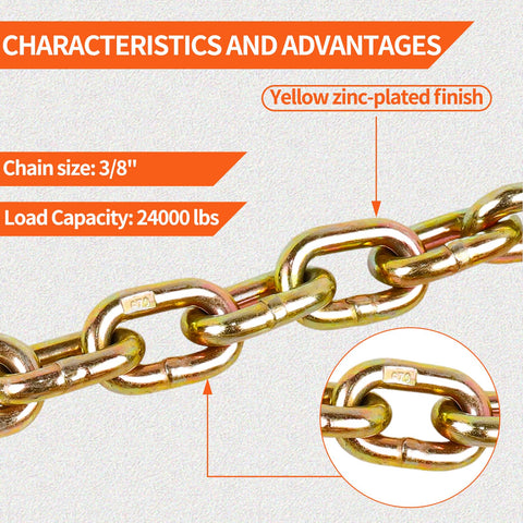 Close-up of Two Pack Three Eighths Inch By Thirty Five Inch Grade 70 Trailer Safety Chains 24,500 Lbs Working Load Limit