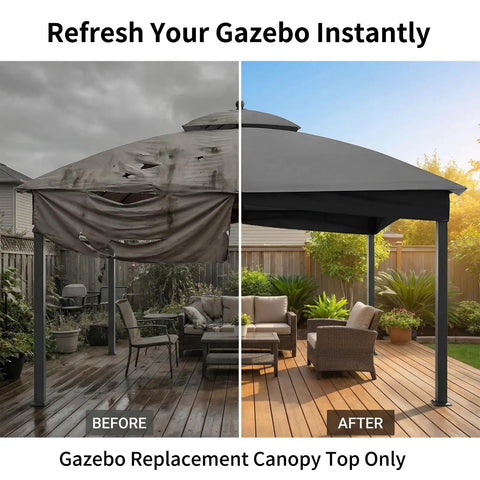 Replacement Canopy Top 10x12 For Gazebo With Installation Hook Double Tier Patio Roof Cover installed, before and after view