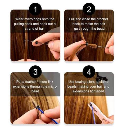 Micro Bead Hair Extensions Kit With Stainless Steel Pliers Pulling Hook And Beads Device Hot Pink For Easy Secure Micro Link Attachments A Complete Bead Tool Set For Quick Natural Looking Extensions, step-by-step use