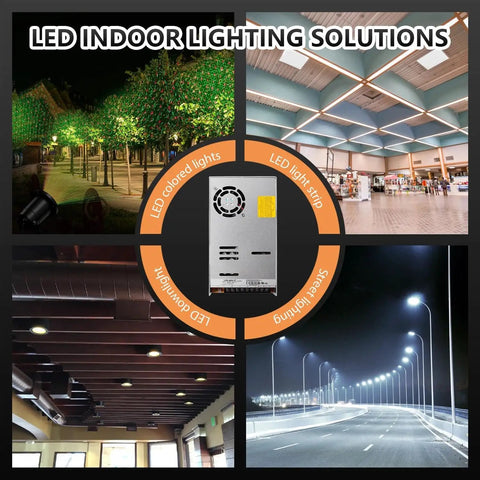 Beefy 600W 27V 22.2A Industrial Power Supply shown with LED lighting solutions for indoor and street applications.