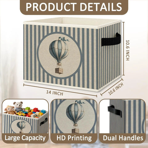 Blue Striped Hot Air Balloon Collapsible Toy Storage Basket With Handles Kid Friendly For Boys Playroom Nursery Decor Organizer Bin For Toys Books And More Great For Toys And Books, 14x10 inches