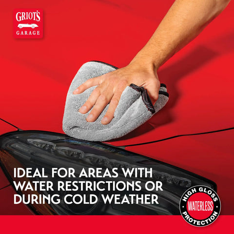 Spray On Car Wash For Waterless Detailing With Carnauba Wax Protection Rinseless Formula No Hose Or Bucket Needed Delivers A Streak Free Shine Lifts Dirt Without Scratching Paint Ideal For Cold Weather And Water Restrictions. Hand wiping red car hood with microfiber cloth.
