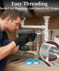 Man using dual function PVC pipe threading tool for internal and external threads, fits half inch, three quarter inch, and one inch PVC pipes