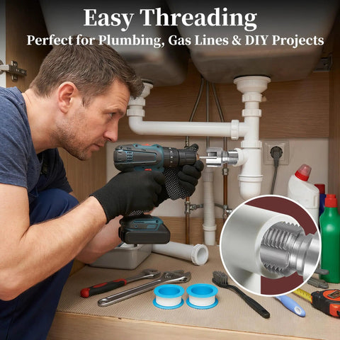 Man using dual function PVC pipe threading tool for internal and external threads, fits half inch, three quarter inch, and one inch PVC pipes