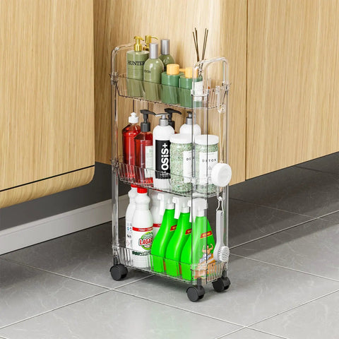 Slim Rolling Storage Cart With Wheels For Small Spaces, Clear Modern Design, Narrow Bathroom And Laundry Organizer
