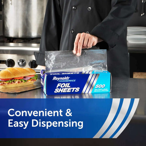 Chef using Pre-Cut Aluminum Foil Sheets For Foodservice, 12 X 10.75 Inches, 500 Count Pop Up Dispenser in restaurant kitchen