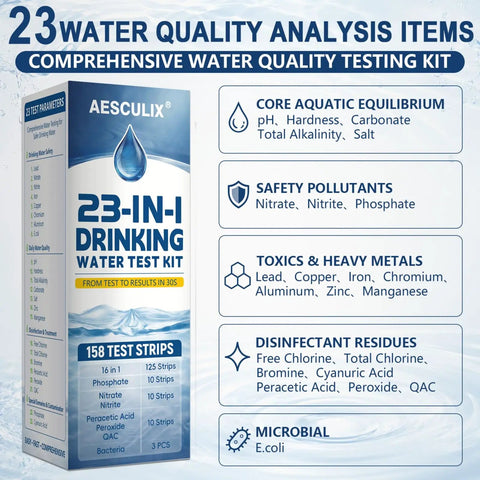 No Fuss 23 Parameter Water Test Kit With 158 Strips checks tap and well water for lead and chlorine with a comprehensive guide.