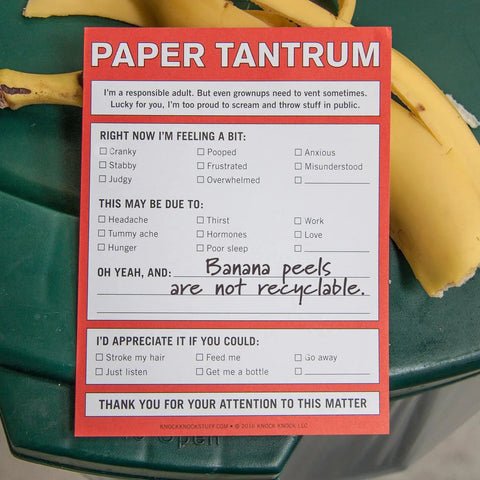 Paper Tantrum Nifty Note Pad Classic Edition With 50 Sheets, 4x5.25 Inches, on a trash bin with banana peels.
