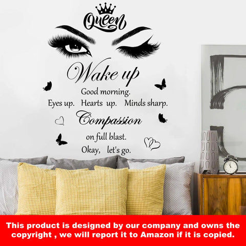 Feel Good Vibe Inspirational Quotes Wall Decals Set With Eye Motifs And Eyelash Art Queen Crown Butterflies On Bedroom Wall