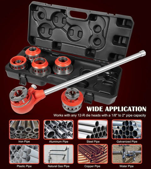 12R Manual Exposed Ratchet Pipe Threader Set With 6 NPT Die Heads From Half Inch To Two Inch Pipe Portable Tool Kit With Storage Case