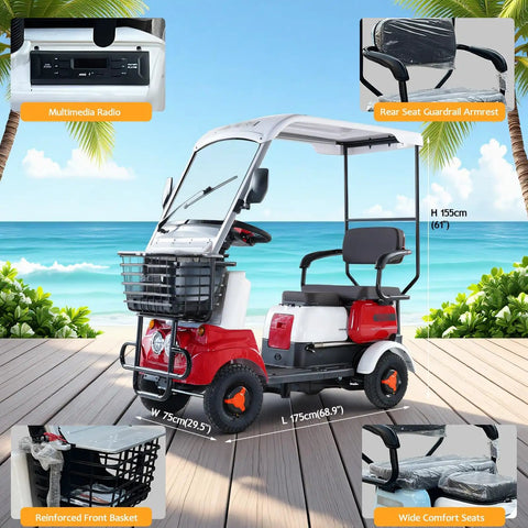 28 Mile Range Electric Golf Cart With 60V Lead Acid Battery And 13 Inch All Terrain Tires Heavy Duty 440 Lb Capacity seen from side with multimedia radio and front basket.