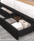 Modern Queen Bed Frame With Hidden Storage Drawers Led Lights And Usb Charging Port Linen Upholstered Platform Base showing dust-proof drawers with organized storage.