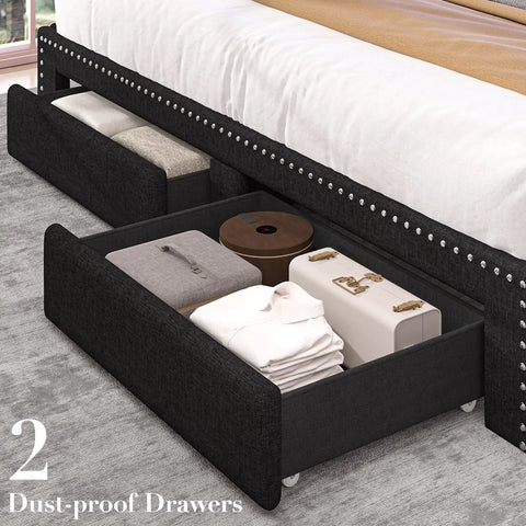 Modern Queen Bed Frame With Hidden Storage Drawers Led Lights And Usb Charging Port Linen Upholstered Platform Base showing dust-proof drawers with organized storage.
