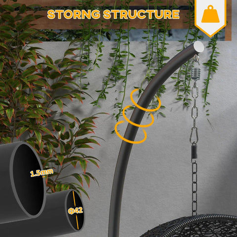 Detail of the sturdy black C frame of Hanging Hammock Chair Stand With Round Base For Hammock Chair And Egg Chair Porch Swing.