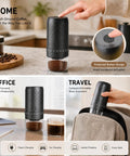 Portable Electric Burr Coffee Grinder Built To Last With Slick Steel Burrs Rechargeable 1800 MAH Battery shown in home, office, and travel use.
