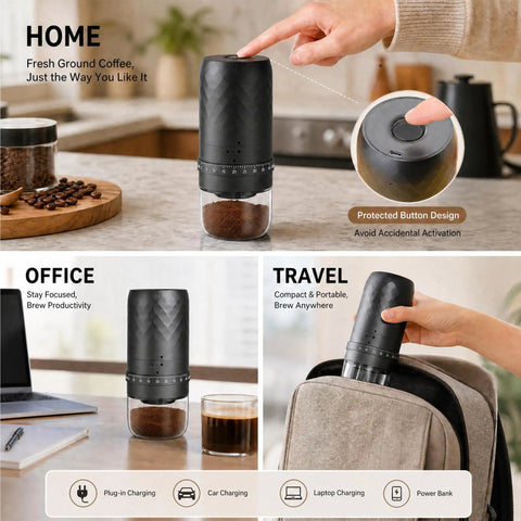 Portable Electric Burr Coffee Grinder Built To Last With Slick Steel Burrs Rechargeable 1800 MAH Battery shown in home, office, and travel use.