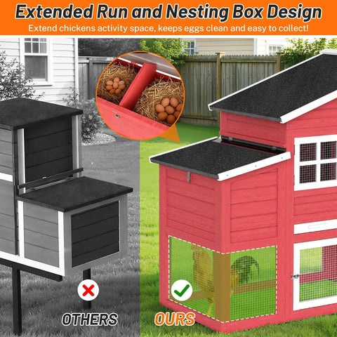 Comparison of chicken coops highlighting red Backyard Chicken Coop For 4 To 6 Hens, 84.7 Inch Long Outdoor Hen House With Nesting Box.