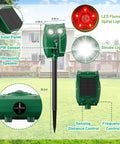 Solar Powered Ultrasonic Animal Repellent With Motion Sensor And LED Flashing Lights For Outdoor Yards Waterproof Device To Repel Deer Coyotes Raccoons And Cats, green stake-mounted unit