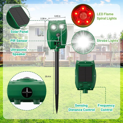 Solar Powered Ultrasonic Animal Repellent With Motion Sensor And LED Flashing Lights For Outdoor Yards Waterproof Device To Repel Deer Coyotes Raccoons And Cats, green stake-mounted unit