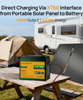 12V 50Ah LiFePO4 Battery With 100W Portable Solar Panel next to camper and tent outdoors