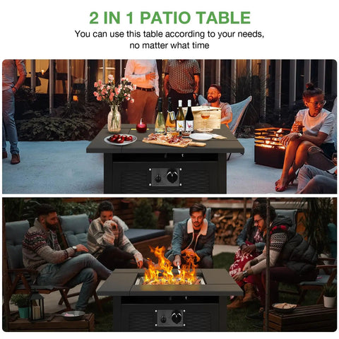 28 Inch Fire Pit Table With 50000 BTU Propane Patio Heater 2 In 1 Outdoor Gas Fire Pit With Removable Lid And Lava Stone CSA Certified