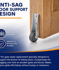 Top Shelf Two Pack Anti Sag Gate Wheels Featuring Thick Carbon Steel Brackets And Non Slip Rubber Casters For Rock Solid Door Support and Smooth Quiet Glide Action on wooden door.