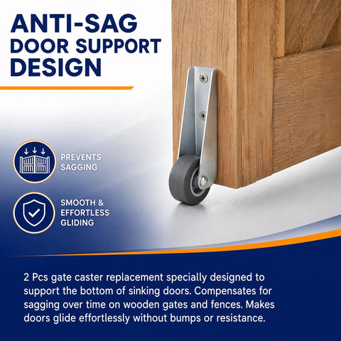Top Shelf Two Pack Anti Sag Gate Wheels Featuring Thick Carbon Steel Brackets And Non Slip Rubber Casters For Rock Solid Door Support and Smooth Quiet Glide Action on wooden door.