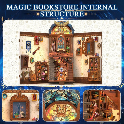 DIY Miniature Book Nook Kit With LED Light, Fantasy Bookstore Scene, wooden puzzle interior details displayed.