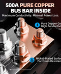 Heavy Duty Copper Bus Bar Power Distribution Block Set With Waterproof Covers For 12V 500A Systems includes M8 and M10 studs, showcasing pure copper and nickel plating.