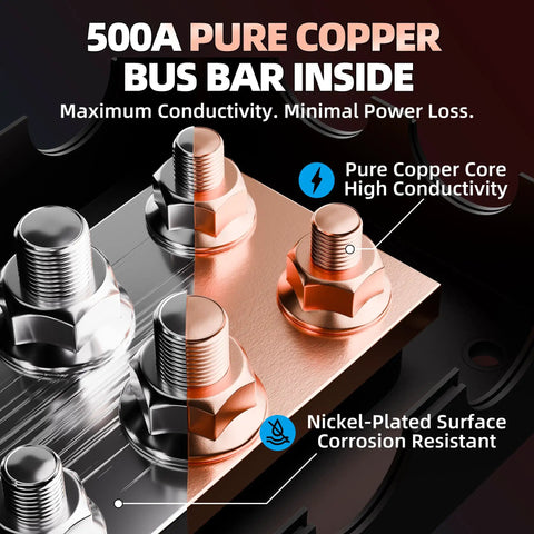 Heavy Duty Copper Bus Bar Power Distribution Block Set With Waterproof Covers For 12V 500A Systems includes M8 and M10 studs, showcasing pure copper and nickel plating.