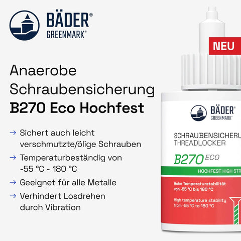 Heavy Duty Medium Strength Thread Locker For All Metals And Threads High Temperature Resistant Fluorescent Green 50ml Bottle Keeps Bolts Tight Under Vibration Industrial Grade Made In Germany bottle with German text and product details.