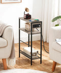 Slim Narrow Side Table With Charging Station And USB Ports Type C Space Saver For Small Spaces Sofa Beside Table With Storage Shelf In Greige And Black Compact Nightstand For Bedside Or Living Room with decor between sofas