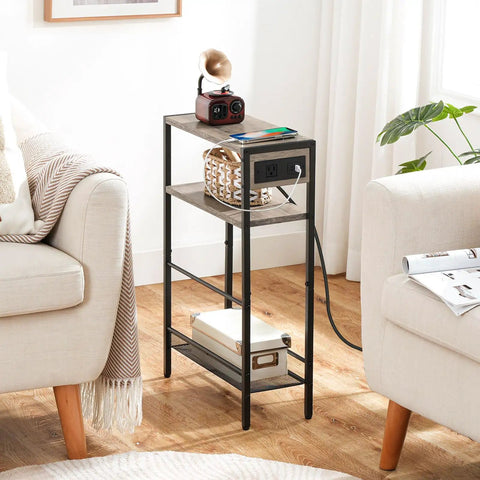 Slim Narrow Side Table With Charging Station And USB Ports Type C Space Saver For Small Spaces Sofa Beside Table With Storage Shelf In Greige And Black Compact Nightstand For Bedside Or Living Room with decor between sofas