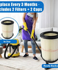 Woman using vacuum with Two Pack Cartridge Filter For Wet Dry Vacs Fits 5 Gallon Through 32 Gallon And Larger Compatible With 17816 9 17816