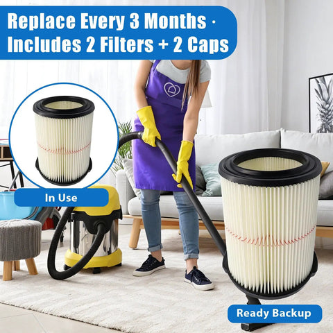 Woman using vacuum with Two Pack Cartridge Filter For Wet Dry Vacs Fits 5 Gallon Through 32 Gallon And Larger Compatible With 17816 9 17816