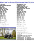 Chart of wheel bearing tool compatibility for Polaris models and image of an ATV related to Wheel Bearing Removal And Reinstall Tool For Polaris Ranger RZR Ranger General Sportsman Fits 40 And 44 Mm Bearings Front And Rear Wheel Hub Kit Durable Steel Construction For Easy Install.