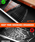 Two Pack Magnetic Wrench Organizer Rack with Strong Magnetic Backing 32 Slot Wrench Holder for SAE and Metric wrenches in drawer.