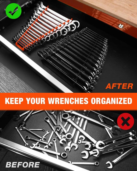 Two Pack Magnetic Wrench Organizer Rack with Strong Magnetic Backing 32 Slot Wrench Holder for SAE and Metric wrenches in drawer.