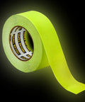 Neon green roll of non-slip stair tape against black background, product focus: Grippy Black Grip Tape For Stairs And Outdoor Use, Waterproof, Ultra Strong Adhesive, Clear Non Slip Stair Treads Tape, 4 Inch Wide By 30 Feet, Keeps Wet Walkways From Slipping