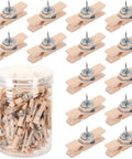 100 Piece Natural Wood Push Pin Clip Set Includes Clear Tube To Tidy Up Papers And Memos No Fuss Thumb Tacks for clean desk setup.